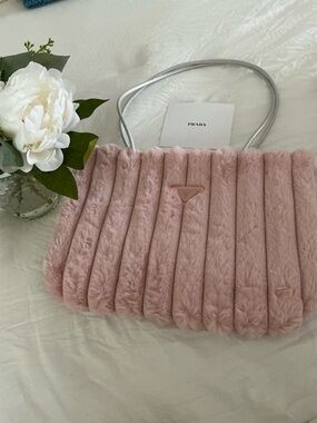 PRADA NWT  Blush Pink Faux Fur Shoulder Bag with Silver Strap with Insert